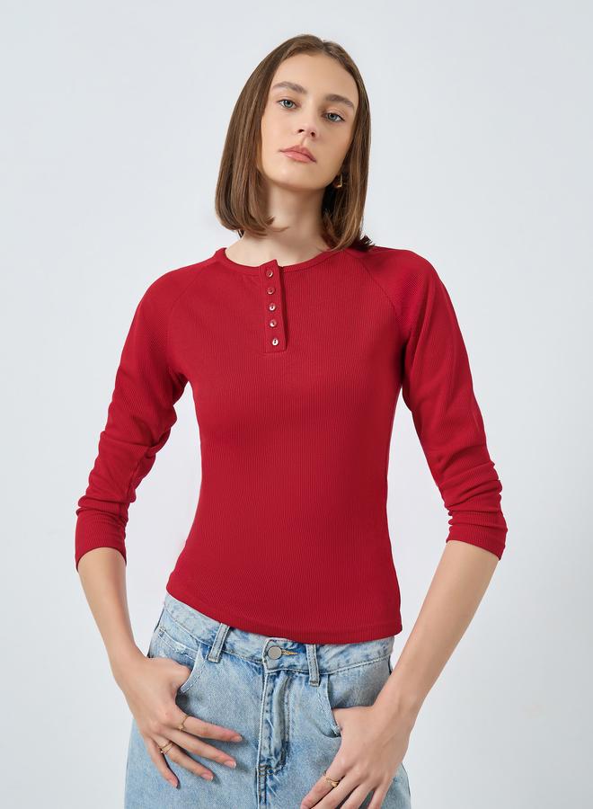 Styli Red Ribbed Henley Neck T-Shirt - Image 1